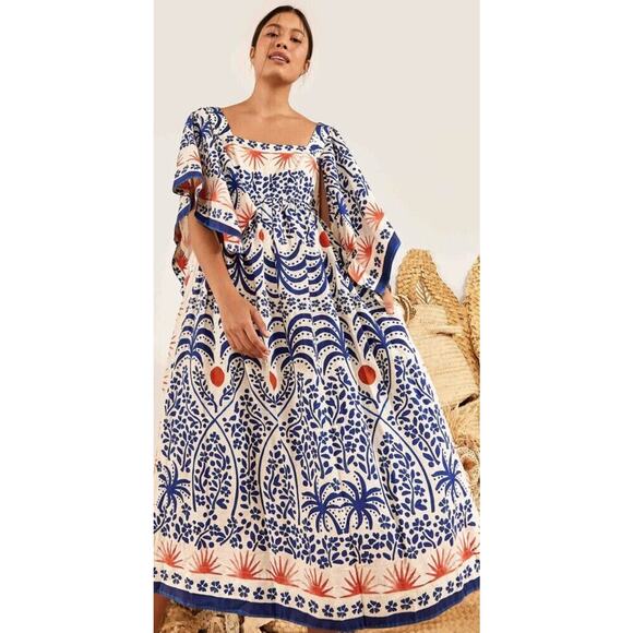 FARM Rio Dresses & Skirts - Farm Rio Afternoon Breeze Dress Size M Midi Length Caftan Square Neck Tropical